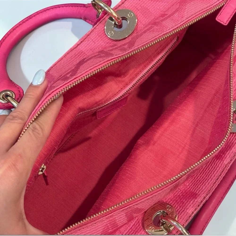 Auth LADY DIOR East West tote bag fushia Pink cannage silk jacquard Handbag RARE